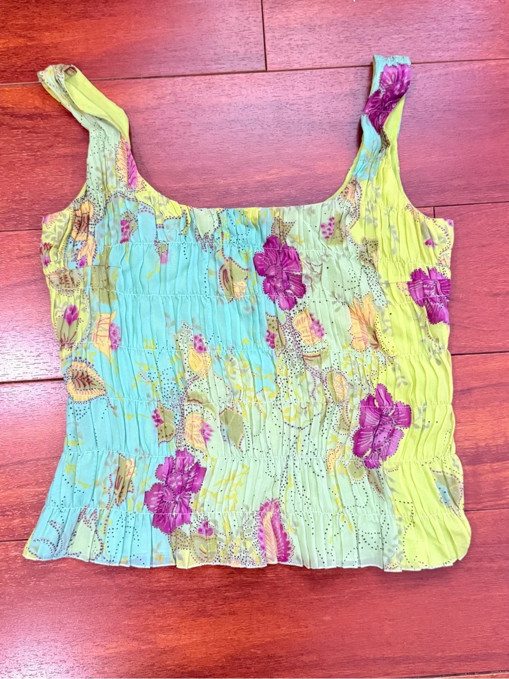Smocked Square-Neck Tank Top in Lime Green with Purple Floral